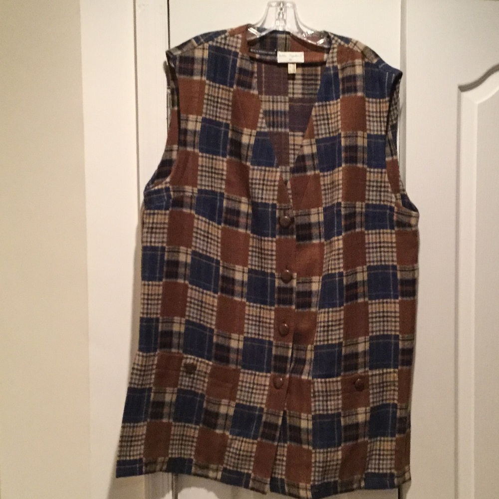 Ulla Pompkin 16 Blue Brown Patchwork Wool Vest Wo… - image 1
